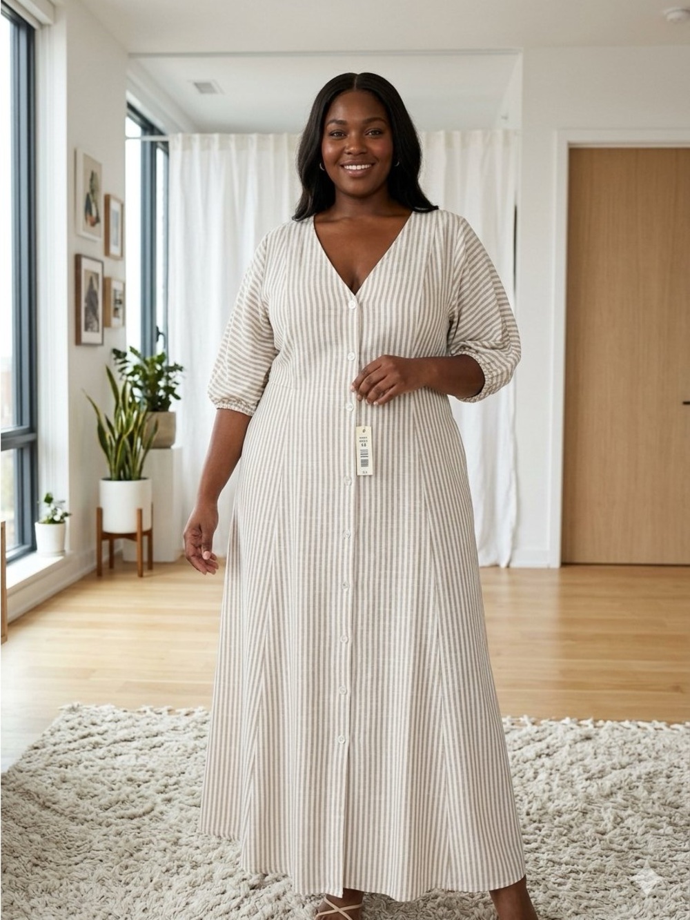 Oversized Lagenlook Granola Coastal Beige & White Vertical Stripe maxi dress NWT